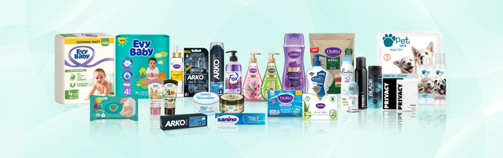 Lineup of Evyap consumer products including baby diapers, soaps, razors and care items