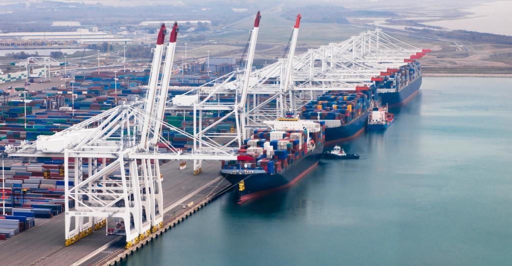 Aerial view of a container terminal with gantry cranes loading a cargo ship berthed at the quay