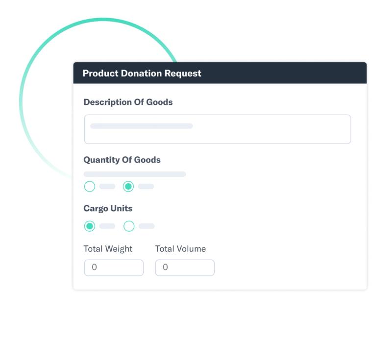 Product donation request form in the Flexport Platform capturing goods description, quantity, and cargo units