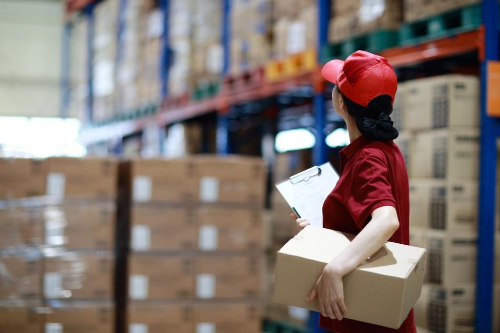 Warehouse worker in red cap and shirt carries a cardboard box and clipboard past tall racks of stacked inventory