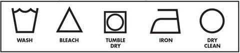Five textile care symbols with labels: wash, bleach, tumble dry, iron, and dry clean