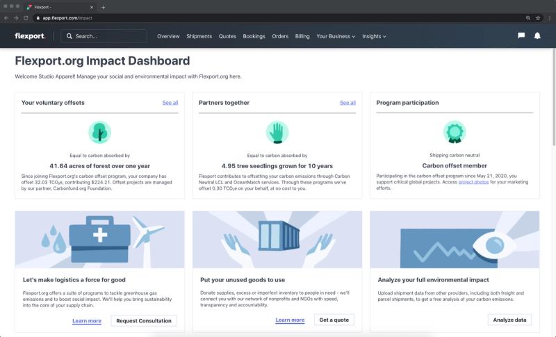 Flexport.org Impact Dashboard showing carbon offset and sustainability metrics