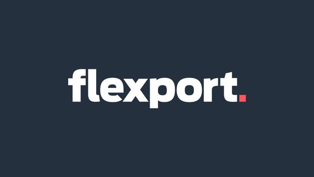 White Flexport wordmark logo with a red period on a dark navy background