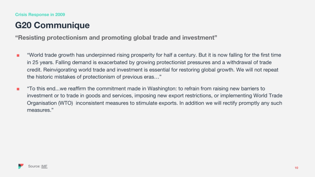 Slide "G20 Communique" quoting the 2009 IMF crisis response on resisting protectionism and promoting global trade
