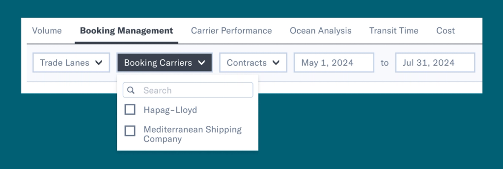 Dashboard UI for booking management with carrier filter dropdown listing Hapag-Lloyd and MSC