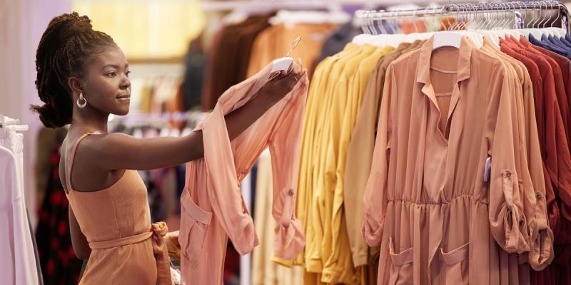 Woman in an orange dress browses a rack of pastel and earth-toned blouses in a clothing store