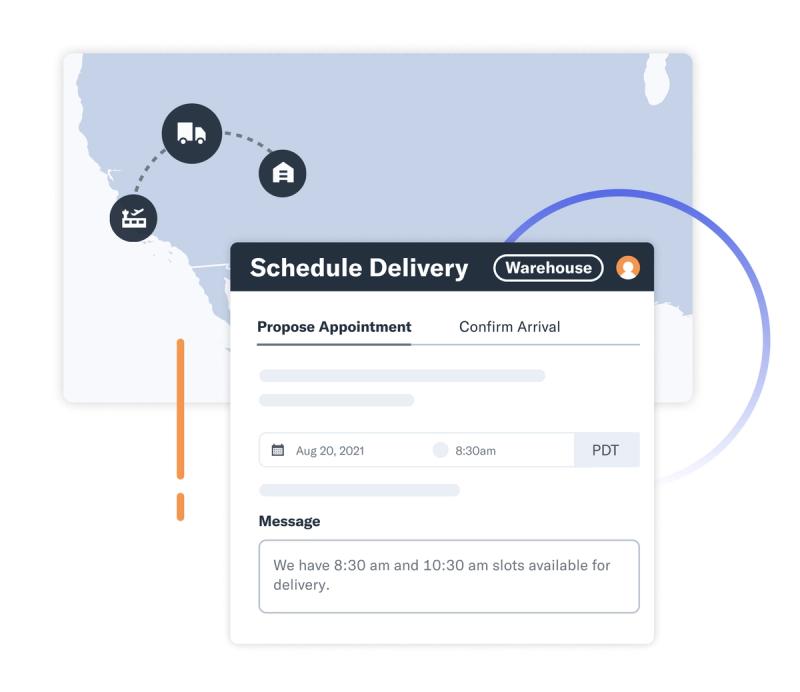 Flexport Platform schedule delivery panel proposing a warehouse appointment over a US trucking route map