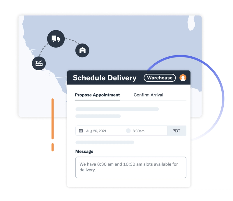 Flexport Platform schedule delivery panel proposing a warehouse appointment over a US trucking route map
