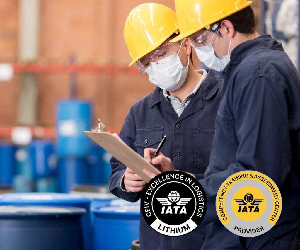 Two workers in hard hats and face masks review a clipboard at an industrial facility with IATA training certification badges.
