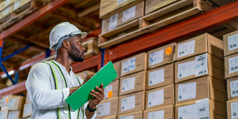 Worker in white hard hat and hi-vis vest checks a green clipboard beside stacked cardboard boxes on warehouse shelving