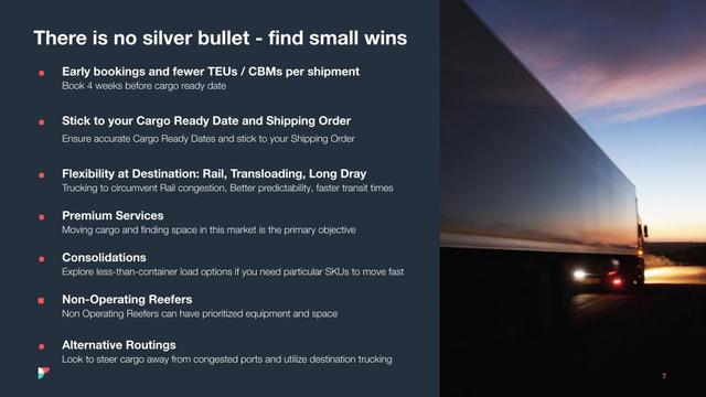 Slide "There is no silver bullet - find small wins" listing booking and routing tips beside a dusk truck photo.