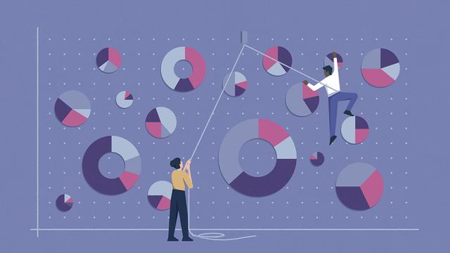Illustration of two people climbing a purple wall covered with pie and donut charts, one rappelling up a rope