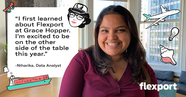 Quote card with a smiling woman and text crediting Grace Hopper for her Flexport interest, attributed to Niharika, Data Analyst