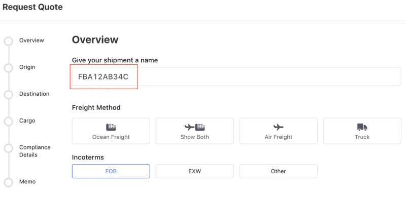 Flexport Request Quote Overview step with the shipment name field FBA12AB34C highlighted, plus Freight Method and Incoterms options.