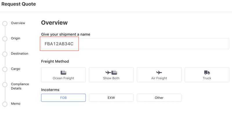 Flexport Request Quote Overview step with the shipment name field FBA12AB34C highlighted, plus Freight Method and Incoterms options.