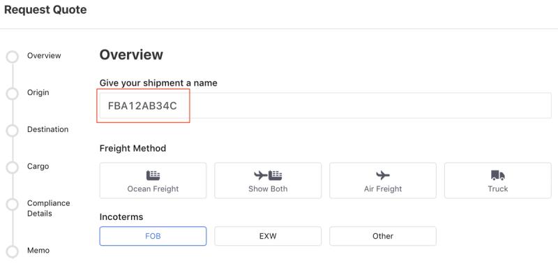 Flexport Request Quote Overview step with the shipment name field FBA12AB34C highlighted, plus Freight Method and Incoterms options.