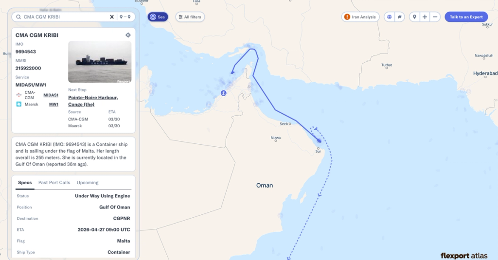Flexport Atlas vessel tracker showing container ship CMA CGM Kribi routed through the Gulf of Oman
