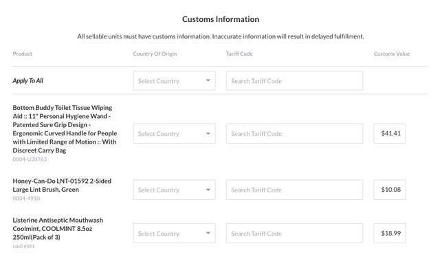 Customs Information table in the Flexport Seller Portal with country of origin, tariff code, and customs value fields