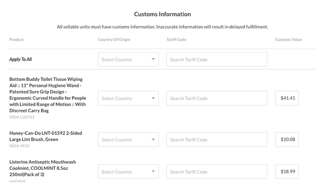Customs Information table in the Flexport Seller Portal with country of origin, tariff code, and customs value fields