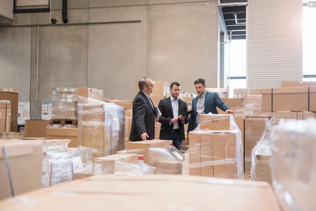 Three businessmen in suits talking among shrink-wrapped pallets and cardboard boxes in a warehouse