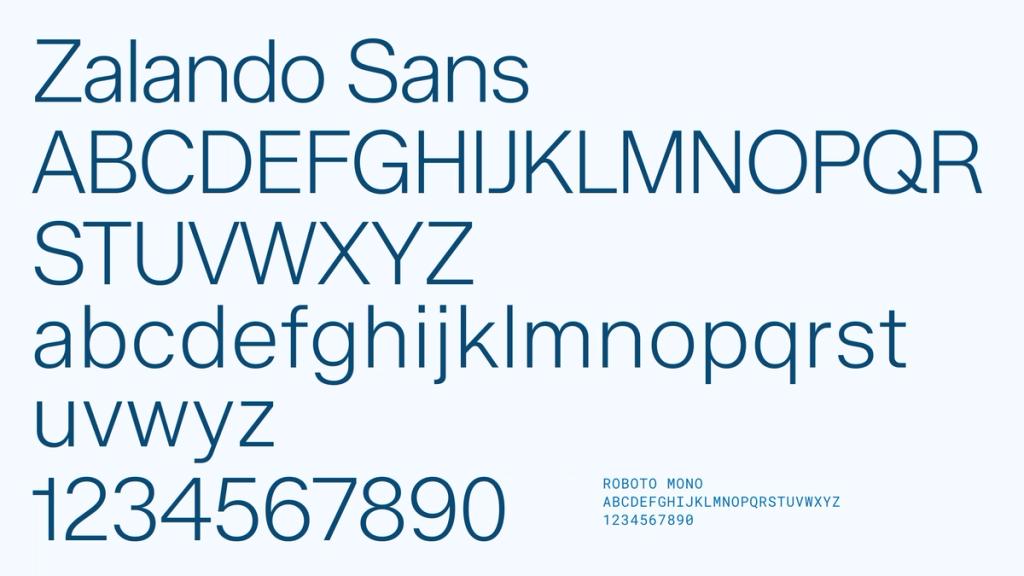 Zalando Sans typeface displaying uppercase, lowercase, and numeric characters with a sample of Roboto Mono.