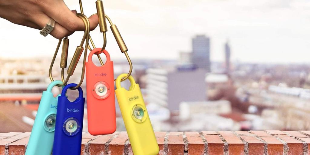 Hand holding a keyring of four colorful She's Birdie personal safety alarms above a city skyline