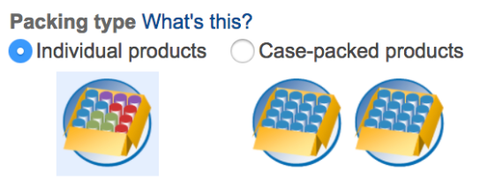 Amazon Packing type selector contrasting Individual products (one mixed tray) with Case-packed products (two identical trays).