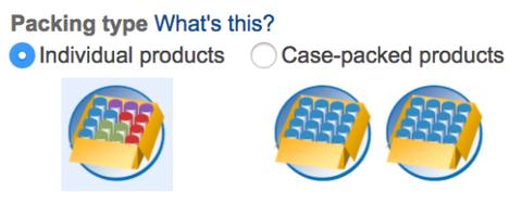 Amazon Packing type selector contrasting Individual products (one mixed tray) with Case-packed products (two identical trays).
