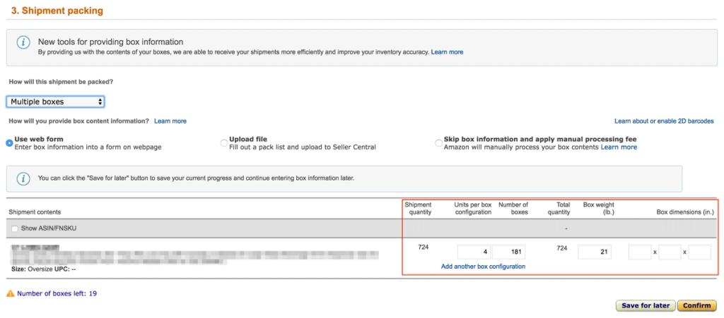 Amazon Seller Central shipment packing step with box configuration fields for units per box, number of boxes, weight and dimensions highlighted