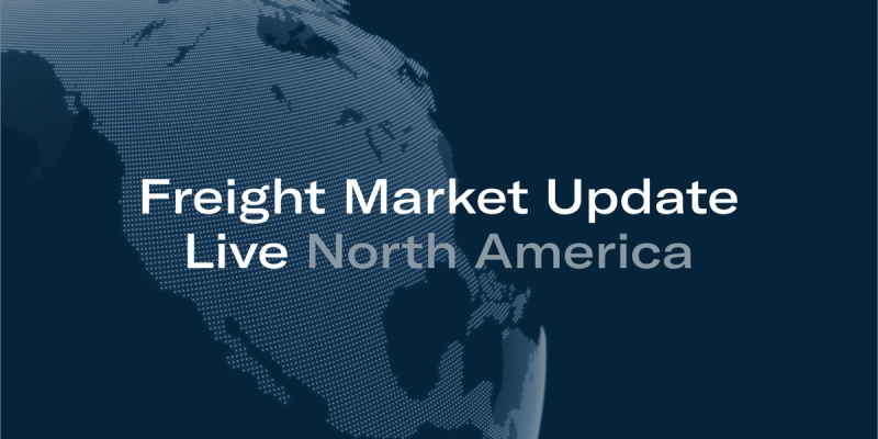Title card reading "Freight Market Update Live North America" over a faint dotted globe on dark navy