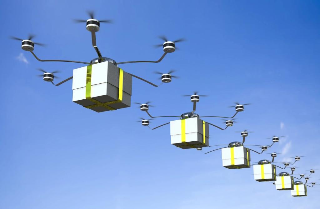 Row of multi-rotor drones carrying yellow-banded white gift boxes against a blue sky
