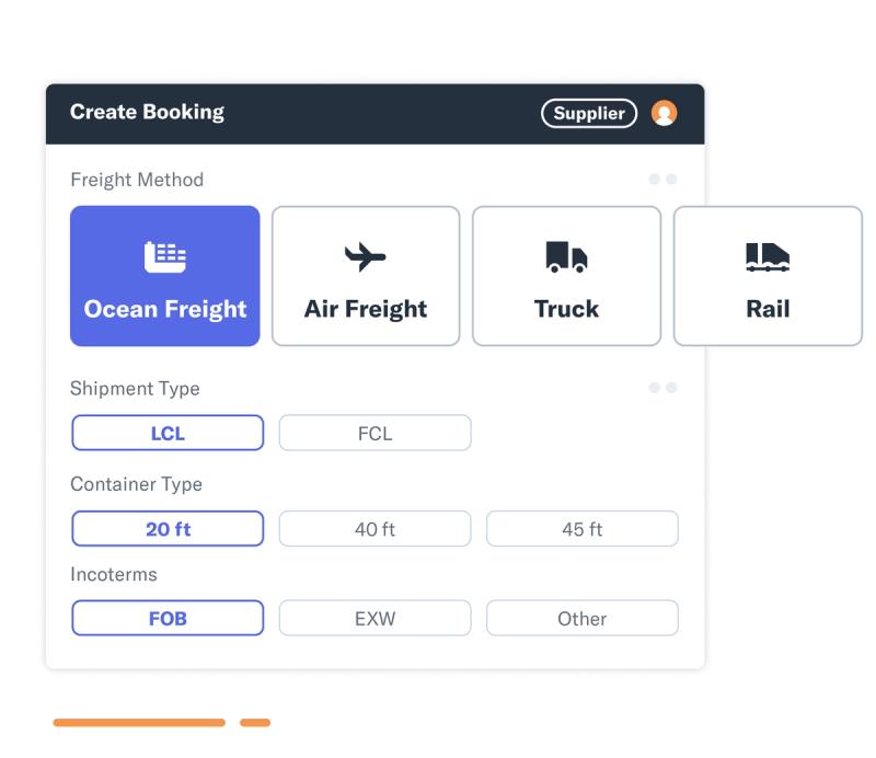 Flexport Platform create-booking panel selecting freight method, shipment type, and container type