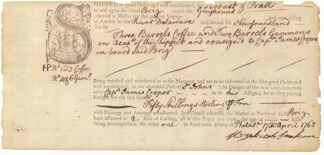 Historic handwritten 1765 bill of lading for coffee and gammon shipped on the brig Greyhound from the Delaware River to Newfoundland