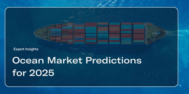 "Expert Insights: Ocean Market Predictions for 2025" over an aerial view of a container ship on blue water
