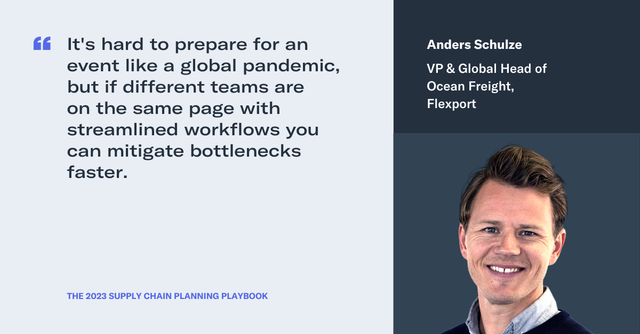 Quote card: Anders Schulze, VP & Global Head of Ocean Freight, Flexport, on aligning teams to mitigate bottlenecks.