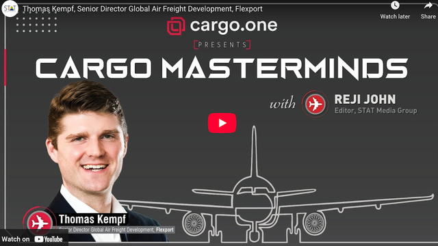 Cargo Masterminds video still: Thomas Kempf of Flexport and Reji John of STAT Media Group over an airplane backdrop