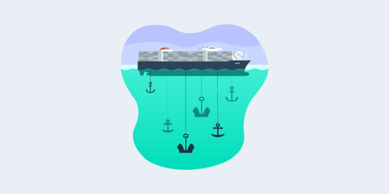 Flat illustration of a container ship on the water with multiple anchors dropping into a teal sea