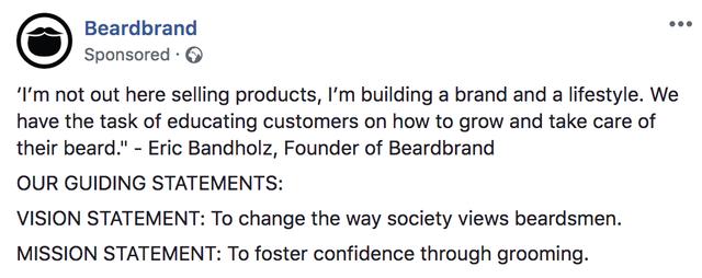 Sponsored Facebook post from Beardbrand showing founder Eric Bandholz's vision and mission statements