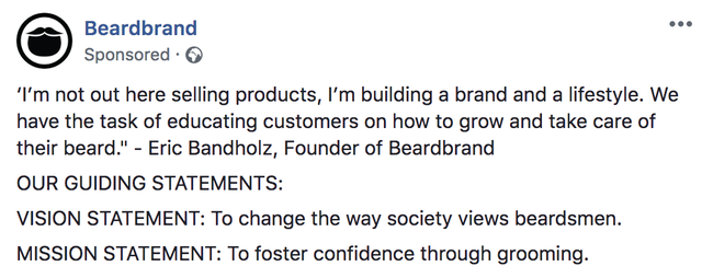 Sponsored Facebook post from Beardbrand showing founder Eric Bandholz's vision and mission statements