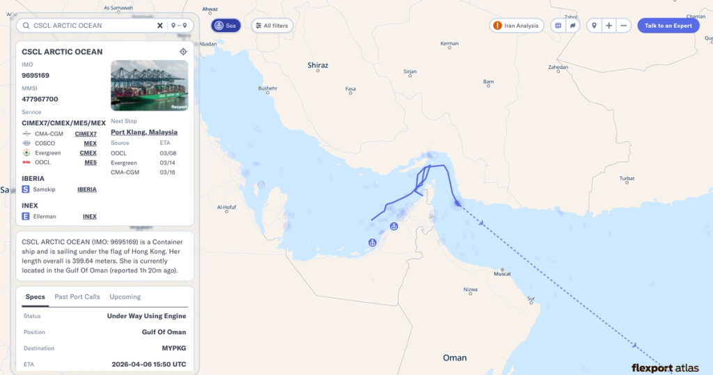 Flexport Atlas vessel tracker map showing container ship CSCL Arctic Ocean routed through the Gulf of Oman