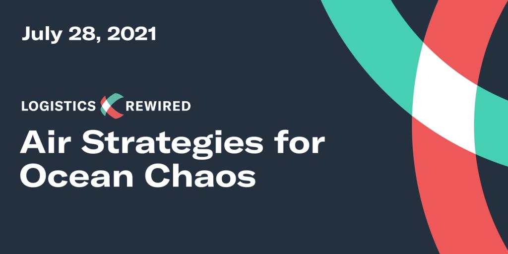 Logistics Rewired title card dated July 28, 2021 reading 'Air Strategies for Ocean Chaos' with teal and red brand swirls