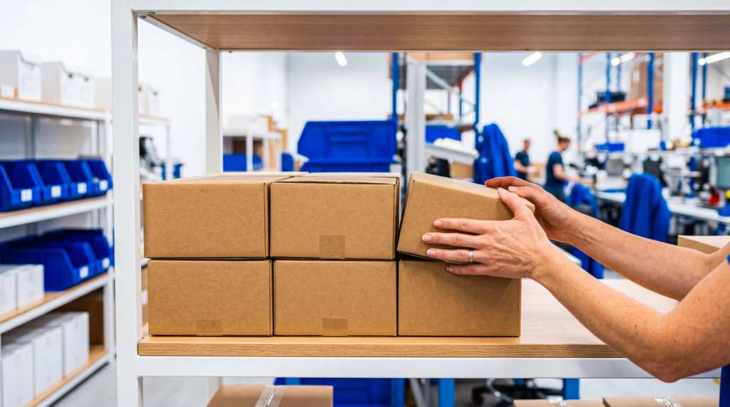 A person's hand placing a cardboard box on a warehouse shelf in a storage facility.