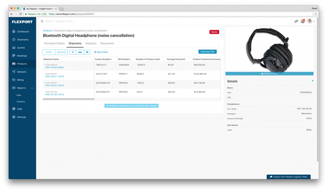 Flexport platform product screen for a Bluetooth noise-cancelling headphone showing shipments, HS code and details