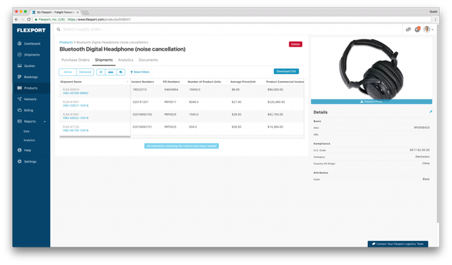 Flexport platform product screen for a Bluetooth noise-cancelling headphone showing shipments, HS code and details