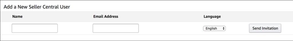 Amazon Seller Central Add a New Seller Central User panel with Name, Email Address and Language fields and a Send Invitation button