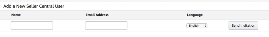 Amazon Seller Central Add a New Seller Central User panel with Name, Email Address and Language fields and a Send Invitation button