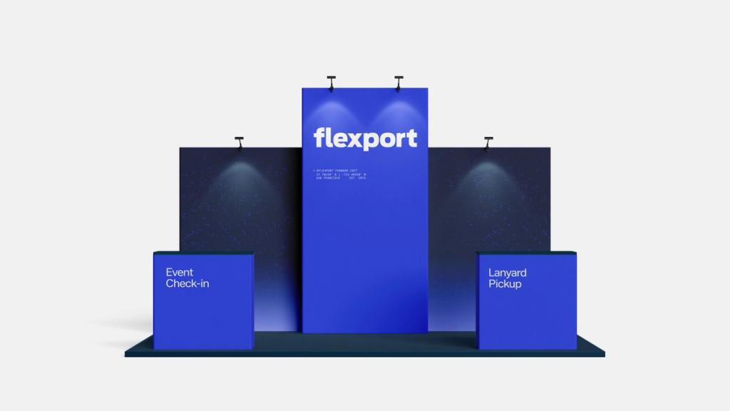 Flexport branded exhibition booth display featuring Event Check-in and Lanyard Pickup stations.