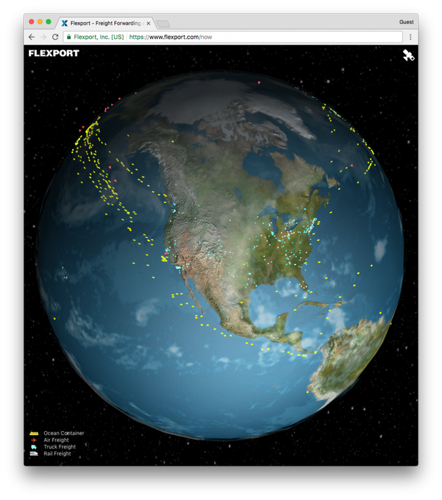 Flexport Freight Forwarder web app showing a 3D globe of North America with colored route lines
