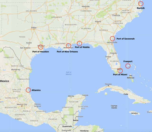 Map of the US Gulf and Southeast coasts marking ports including Houston, New Orleans, Mobile, Savannah, Miami and Freeport.