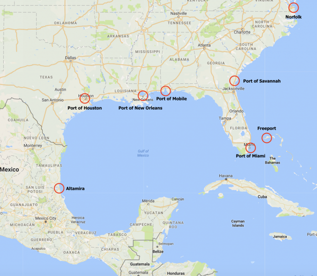 Map of the US Gulf and Southeast coasts marking ports including Houston, New Orleans, Mobile, Savannah, Miami and Freeport.